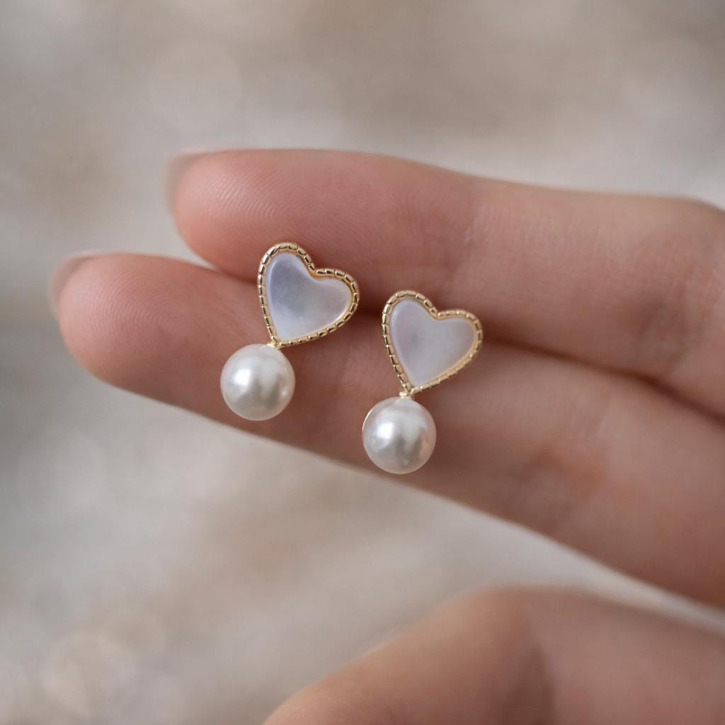 4pcs Shell Pave Gold Heart Glass Pearl Earrings (GB-4374)